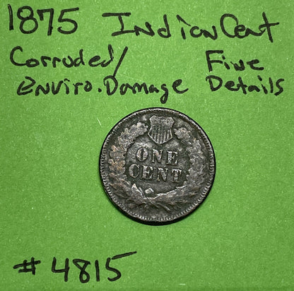 1875 Indian Head Cent / Penny 1c Fine Details Environmental Damage