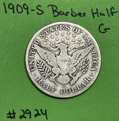 1909 S Barber Half Dollar 50c Good 90% Silver