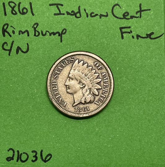 1861 Indian Head Cent / Penny 1c Fine Rim Bump See Pictures