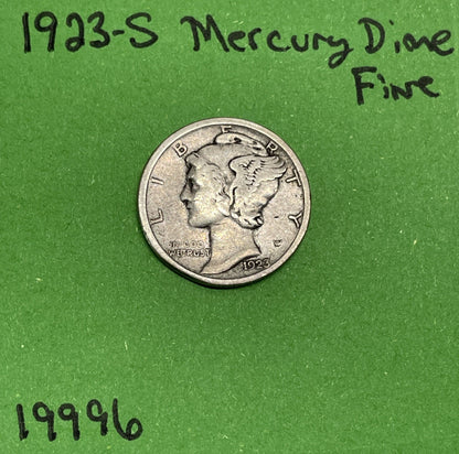 1923-S Mercury Dime 10c Fine 90% Silver