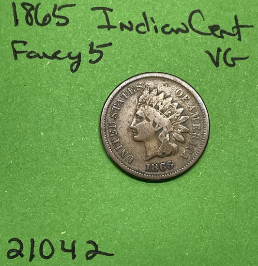 1865 Indian Head Cent Penny 1c Vg Very Good Bronze Fancy Five