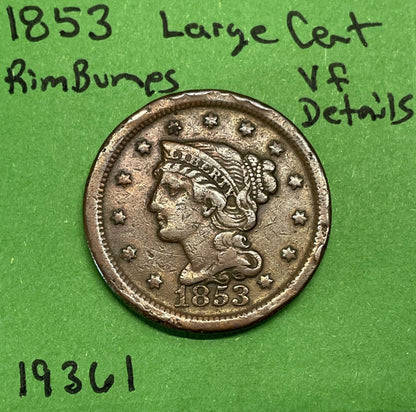 1853  Braided Hair Large Cent 1c VF Very Fine Details Rim Marks