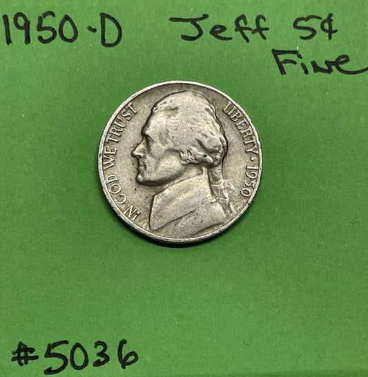 1950 D Jefferson Nickel 5 Cent Piece Fine 5c US Coin