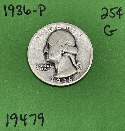 1936-P Washington Quarter 25c Good GD See Pictures 90% Silver Coin
