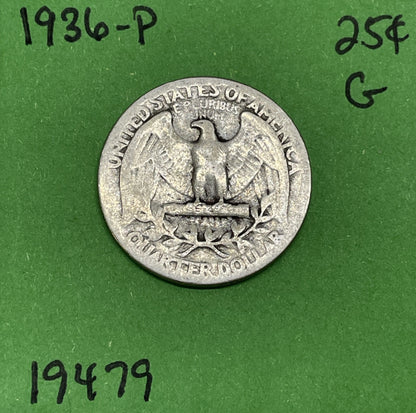 1936-P Washington Quarter 25c Good GD See Pictures 90% Silver Coin