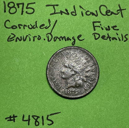 1875 Indian Head Cent / Penny 1c Fine Details Environmental Damage