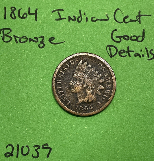 1864 Indian Head Cent / Penny 1c Good Details Granular Surfaces Bronze