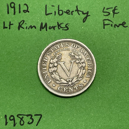1912 Liberty V Nickel 5c Fine Light Rim Marks See Pictures