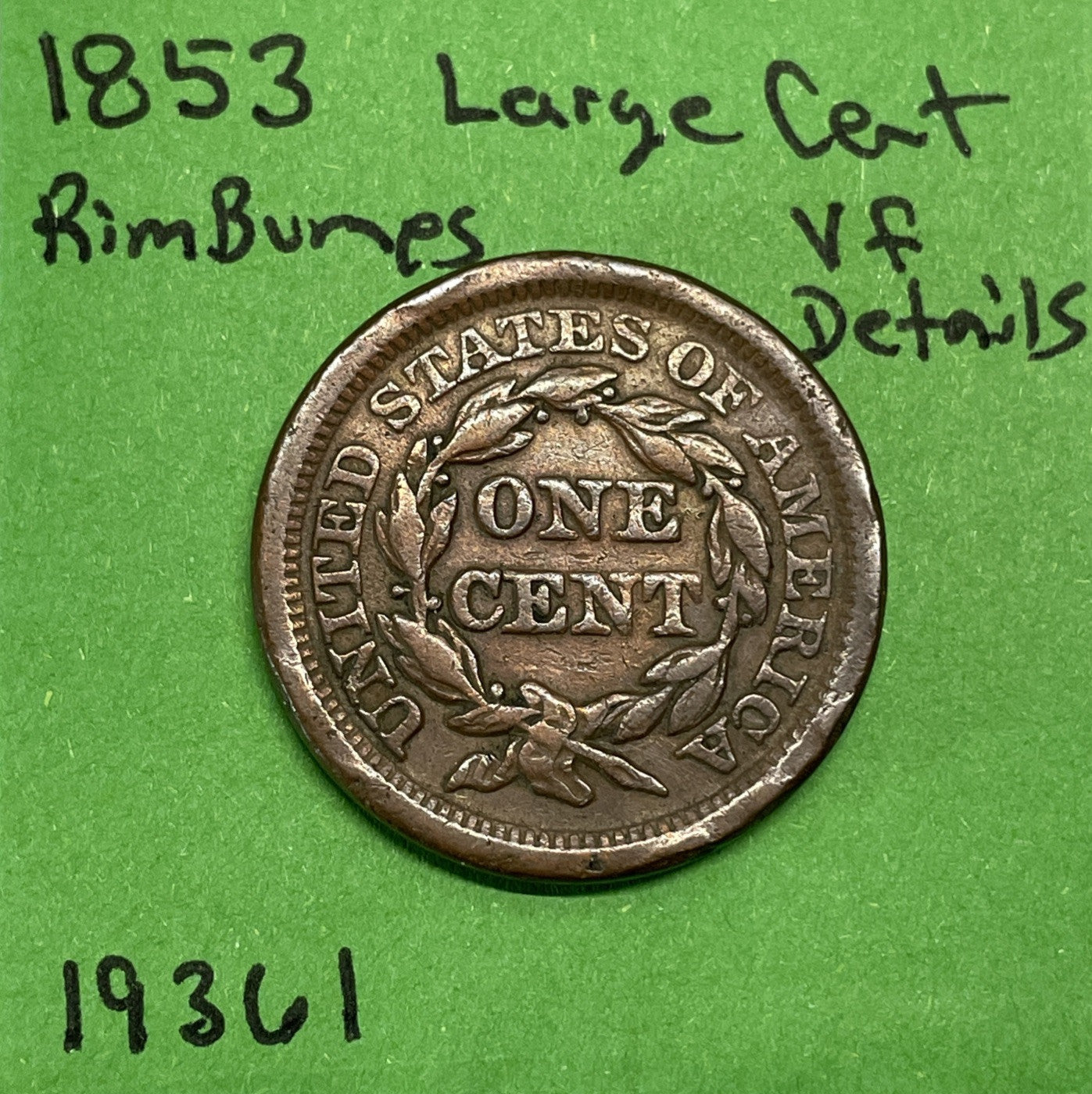 1853  Braided Hair Large Cent 1c VF Very Fine Details Rim Marks