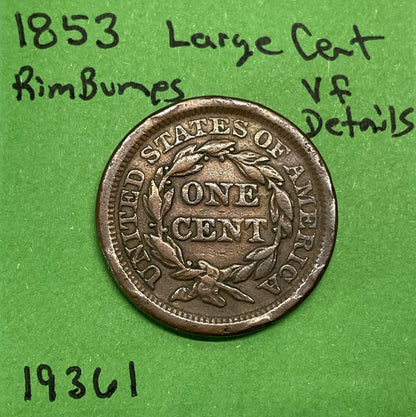 1853  Braided Hair Large Cent 1c VF Very Fine Details Rim Marks