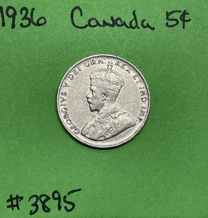 1936 Canada 🇨🇦 5 Cents - Nickel - Circulated - Nice Coin Album Collectable