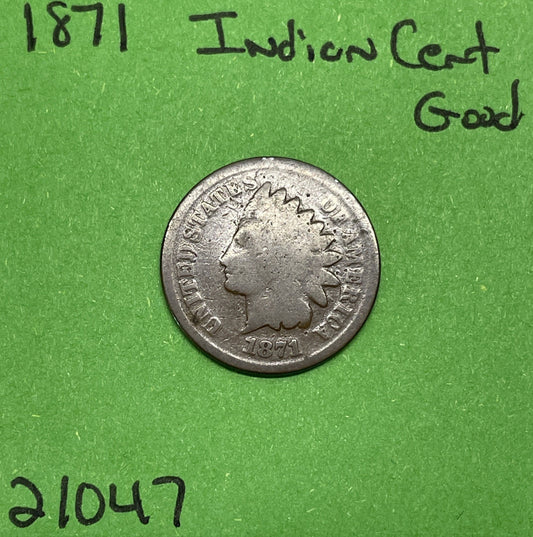 1871 Indian Head Cent / Penny 1c Good GD See Pictures