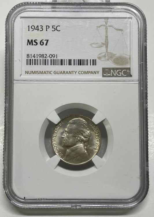 1943 P Jefferson Nickel 5c NGC MS67 35% Silver War Issue Very Nice Toning
