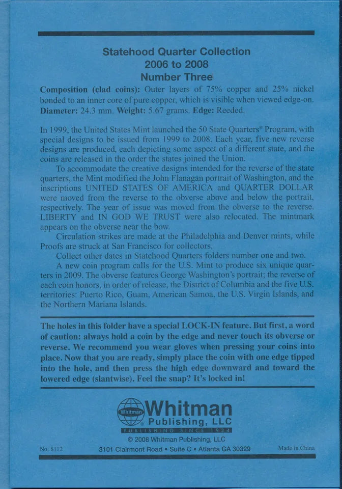 Statehood Quarter Folder No. 3 2006-2009 Whitman Folder